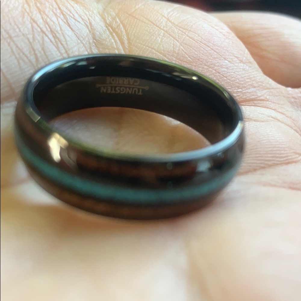8mm Wood & Crushed Turquoise Tungsten Wedding band - Picture 7 of 12